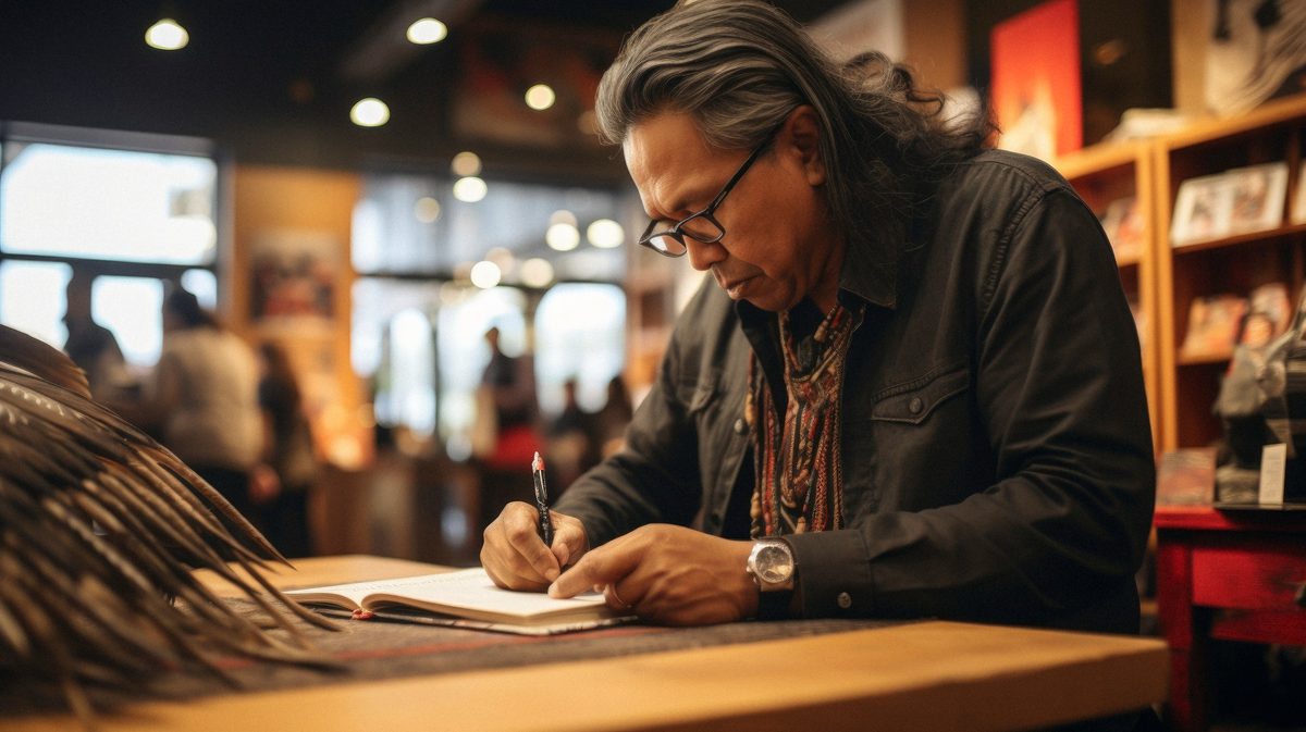An author writing in a bookshop café